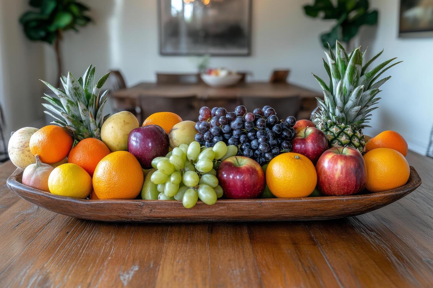 A wooden bowl filled with fruit on a table photo