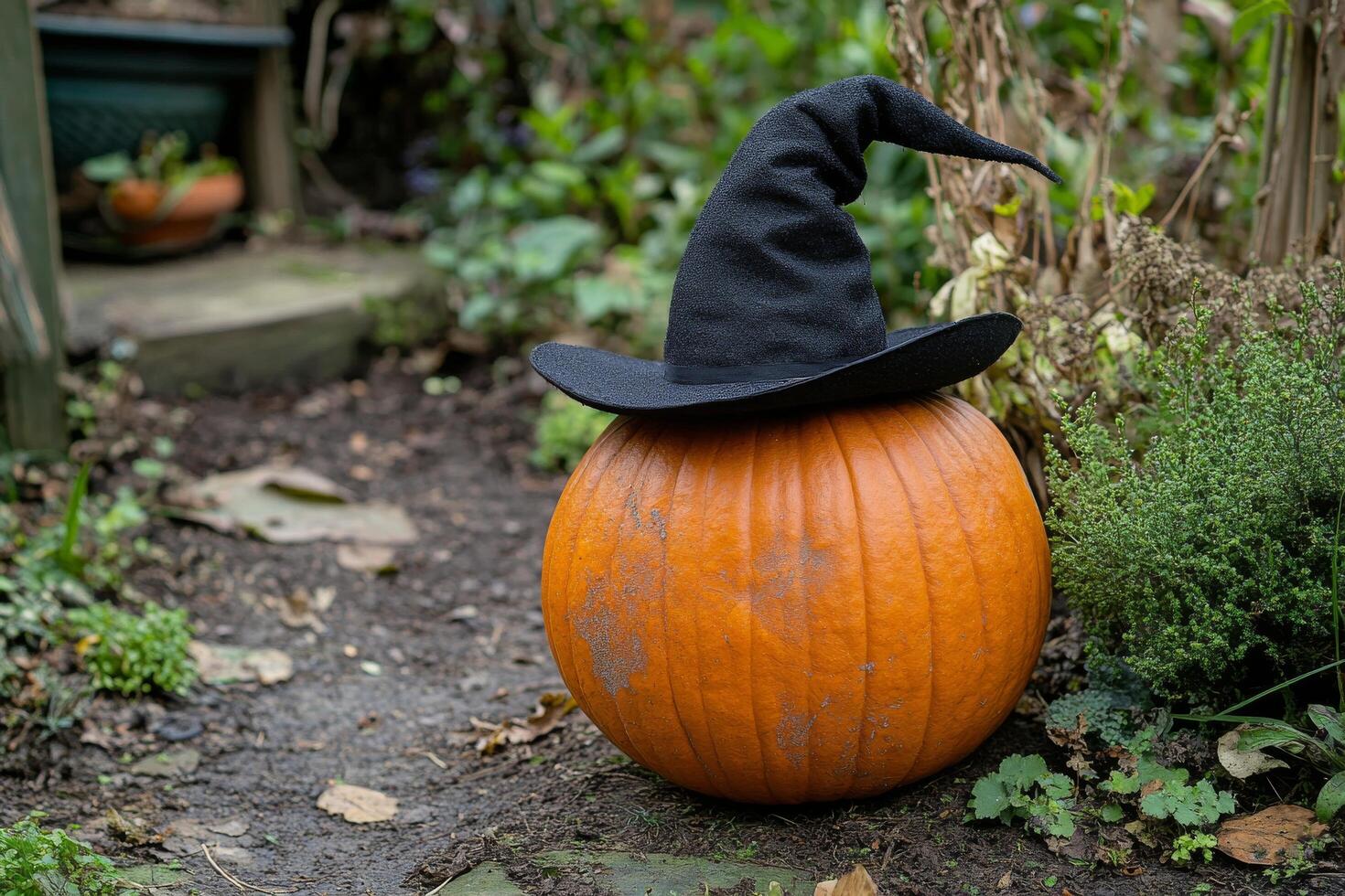 A pumpkin with a witch hat on it photo