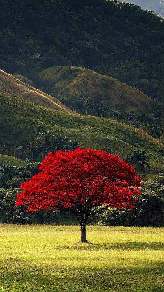 A red tree in a field with hills in the background photo