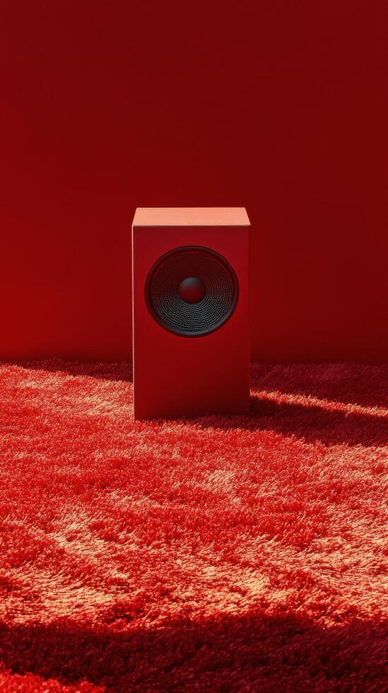 A red speaker sits on a carpet in front of a wall photo