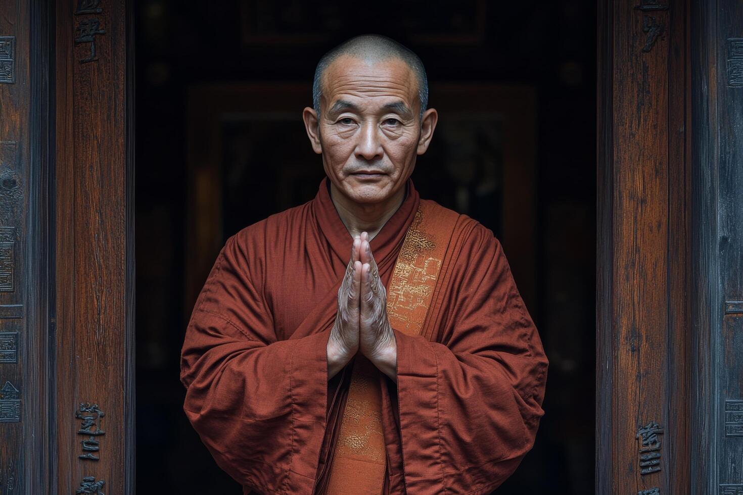 An older man in a red robe is standing in front of a door photo