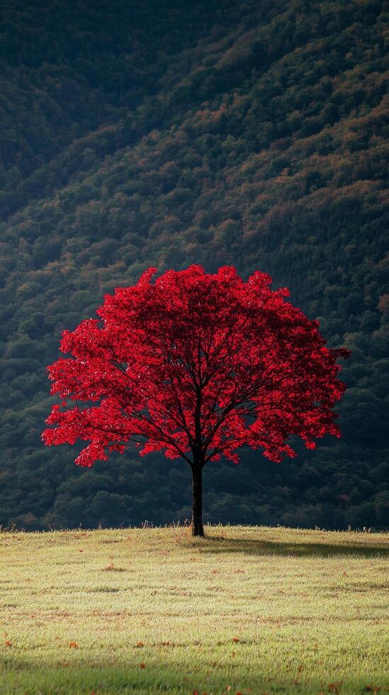 A red tree stands alone in a field photo