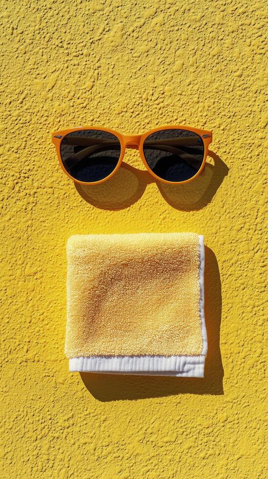 A pair of sunglasses and a towel on a yellow wall photo