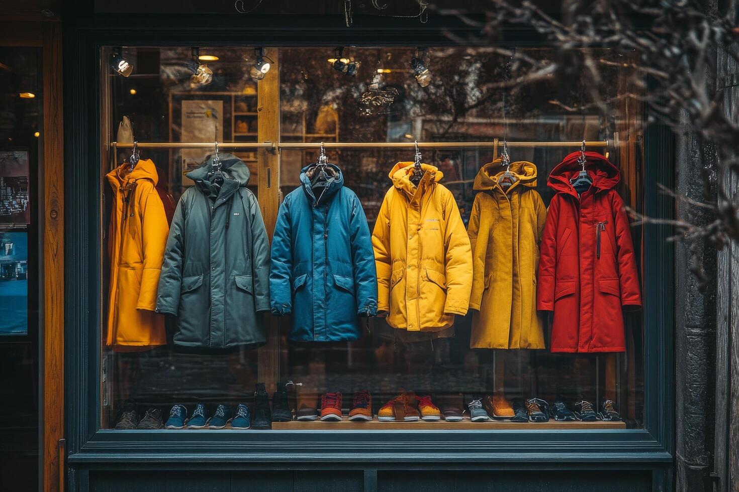 A window display with coats hanging on a rack photo