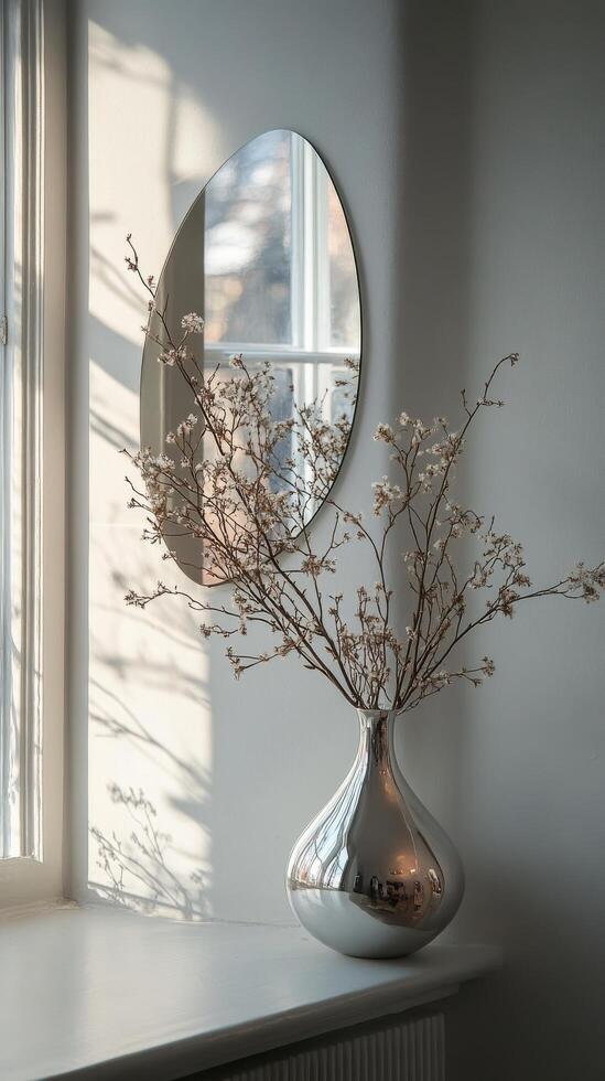 A vase with flowers sitting on a window sill photo