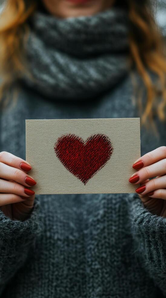 Woman holding a red heart drawn on a piece of paper photo