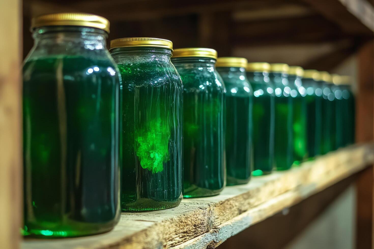 Green liquid in jars on a shelf photo
