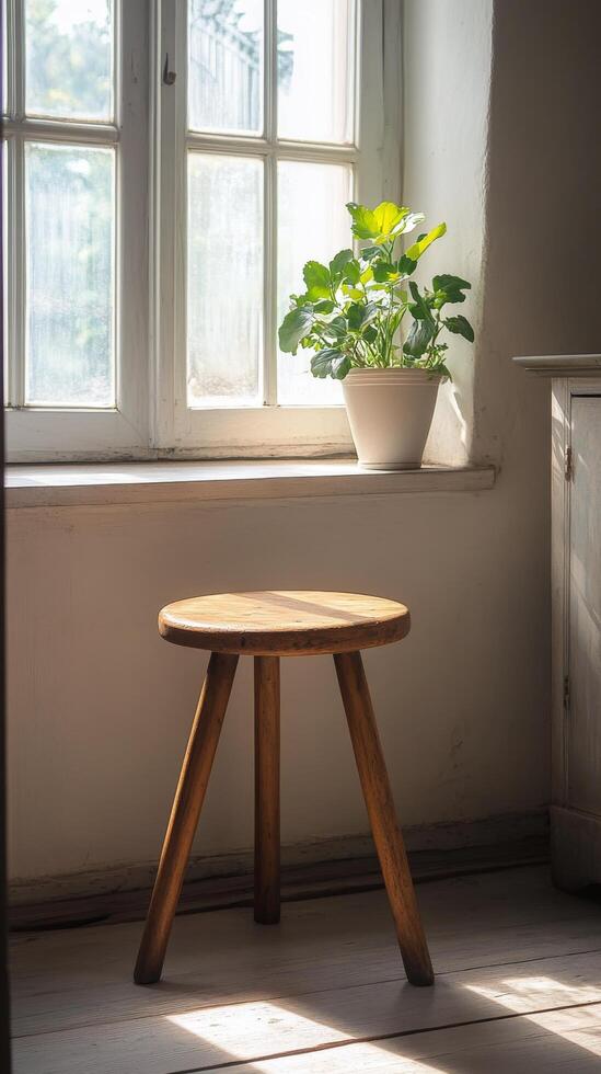 A small wooden stool sitting in front of a window photo