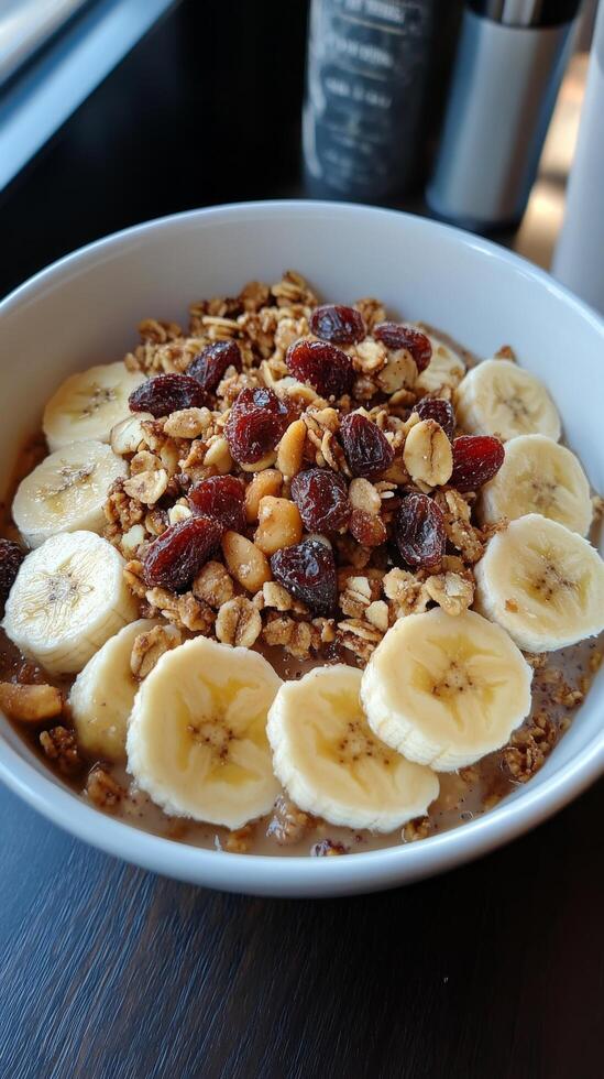 A bowl of cereal with bananas, nuts and dried cranberries photo