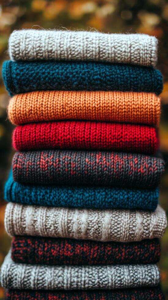 A stack of colorful knitted sweaters photo