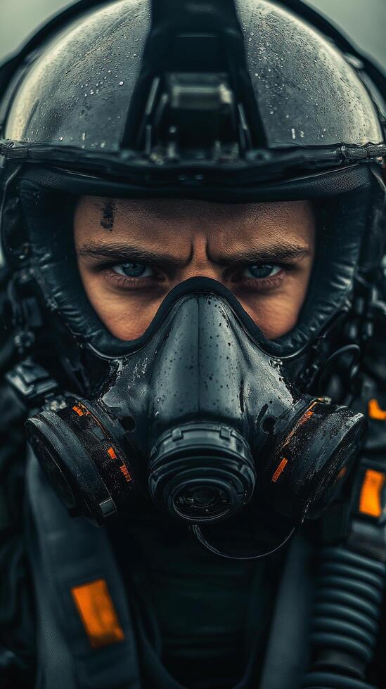 A man in a gas mask and helmet photo
