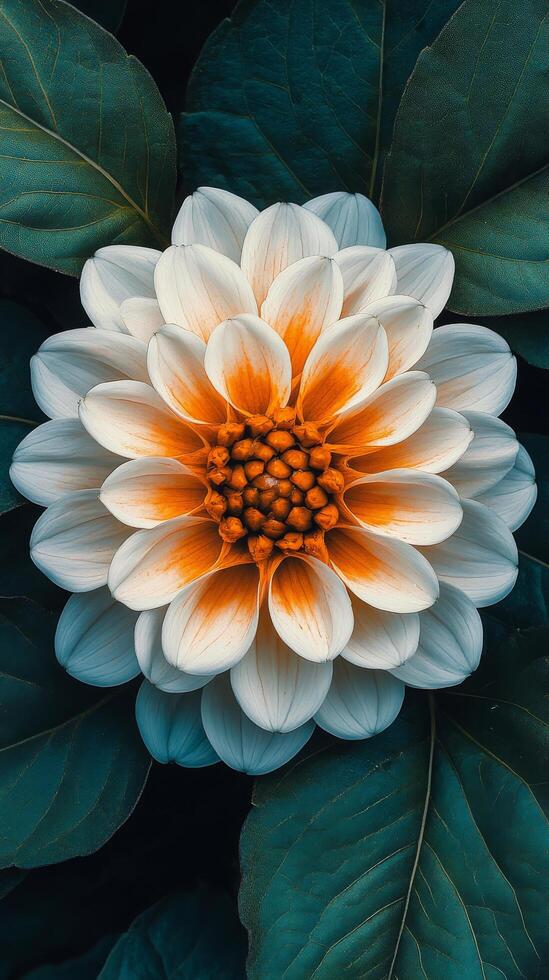 A white and orange flower is shown in the center of a large green leaf photo
