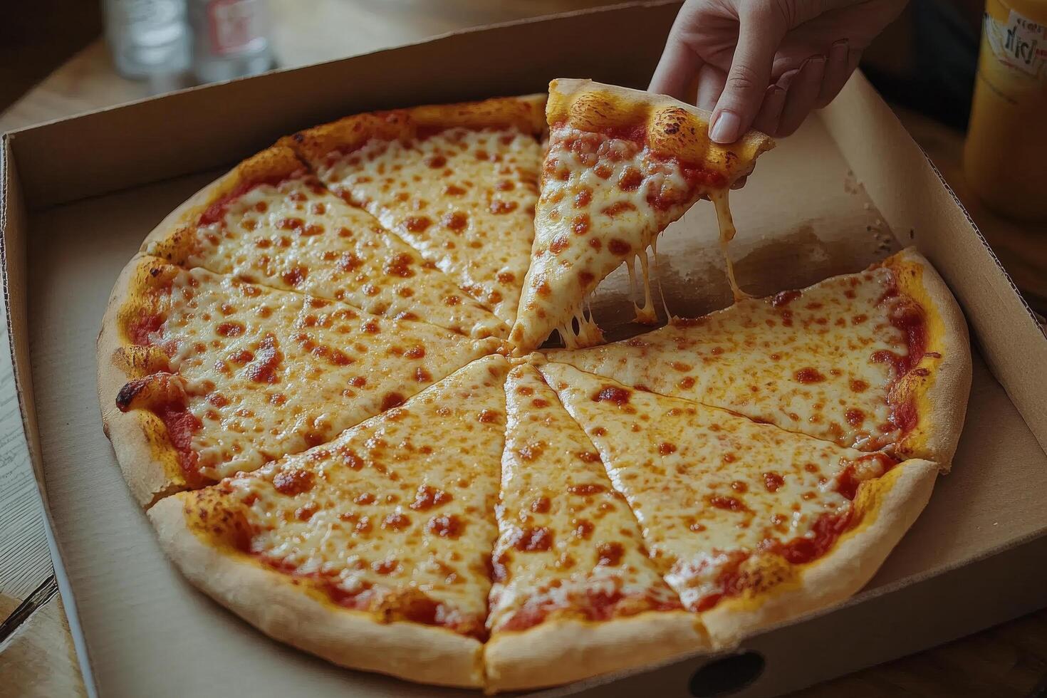 A person is taking a slice of pizza out of a box photo