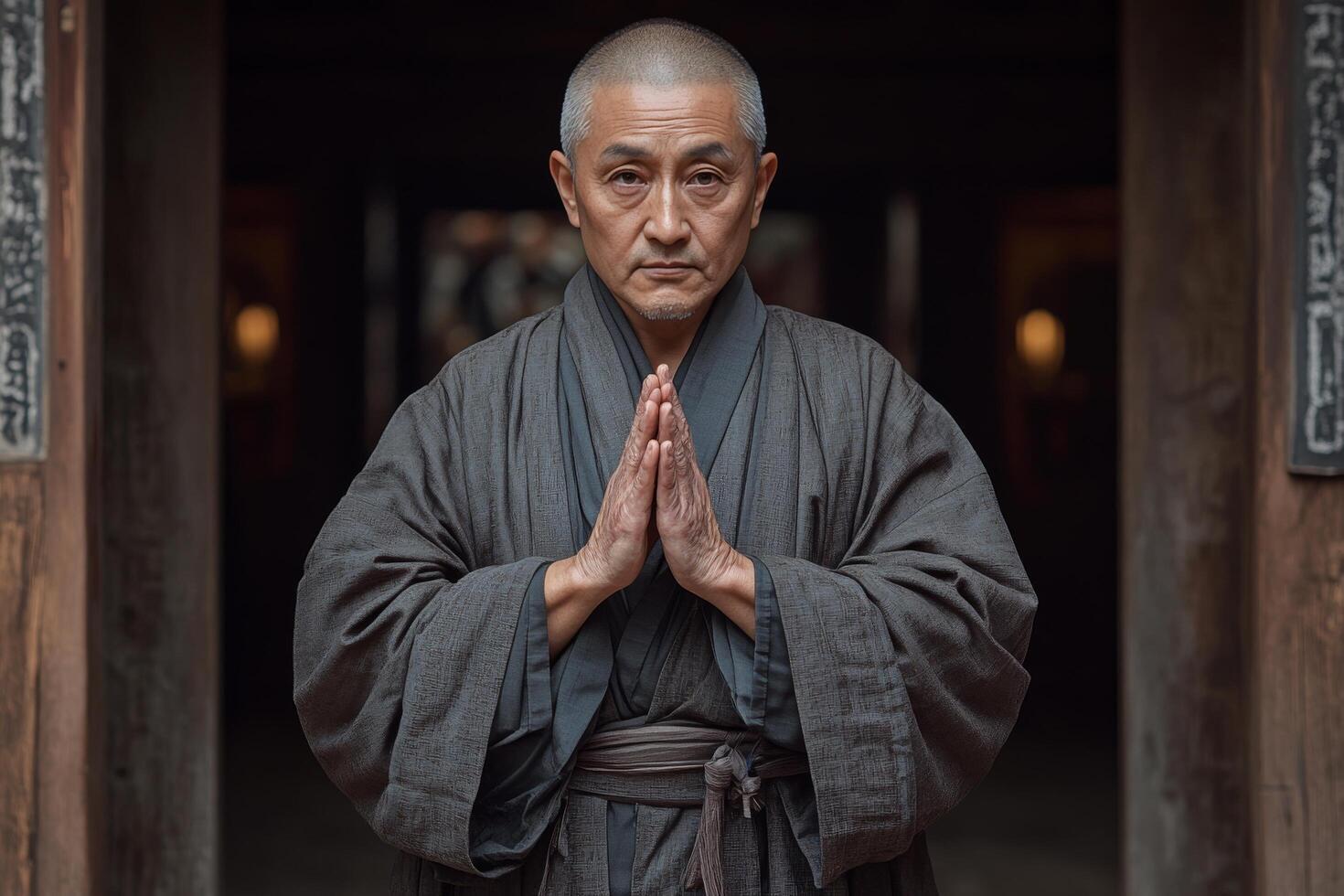 An older man in a robe is standing in front of a door photo