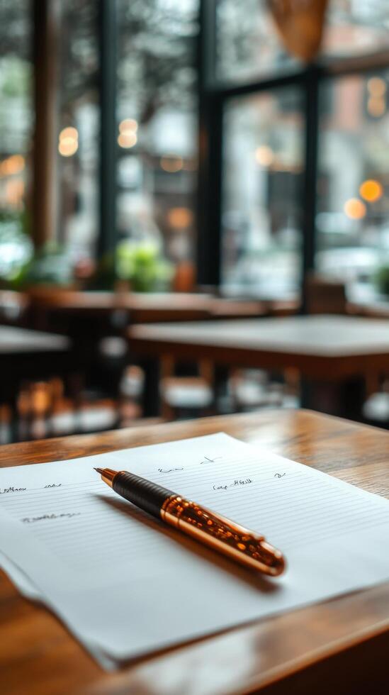 A pen and paper on a table in a restaurant photo
