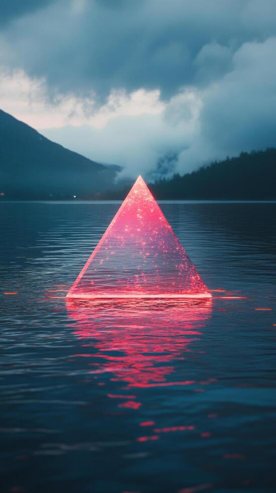 A pyramid shaped light is floating in the water photo