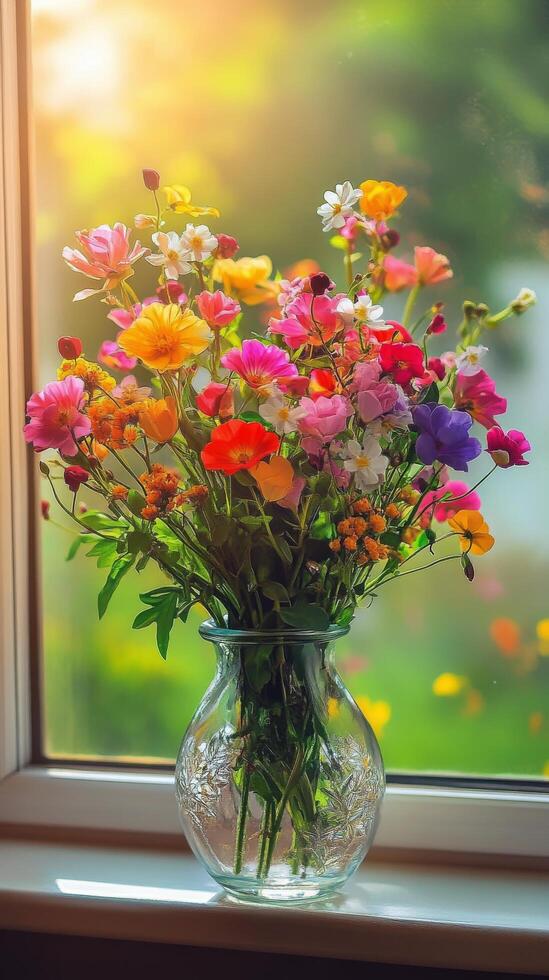 A vase filled with colorful flowers sitting on a windowsill photo