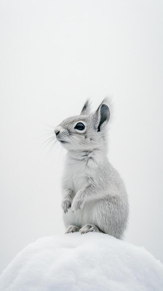 A white squirrel sitting on top of a snow covered rock photo