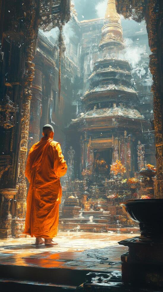 A monk in orange robes standing in front of a temple photo