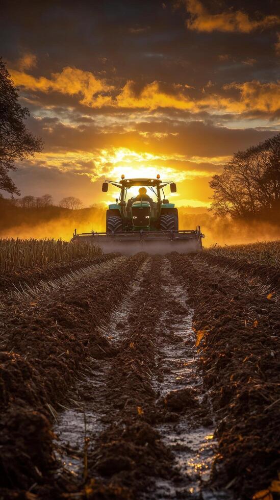 A tractor plowing a field at sunset photo