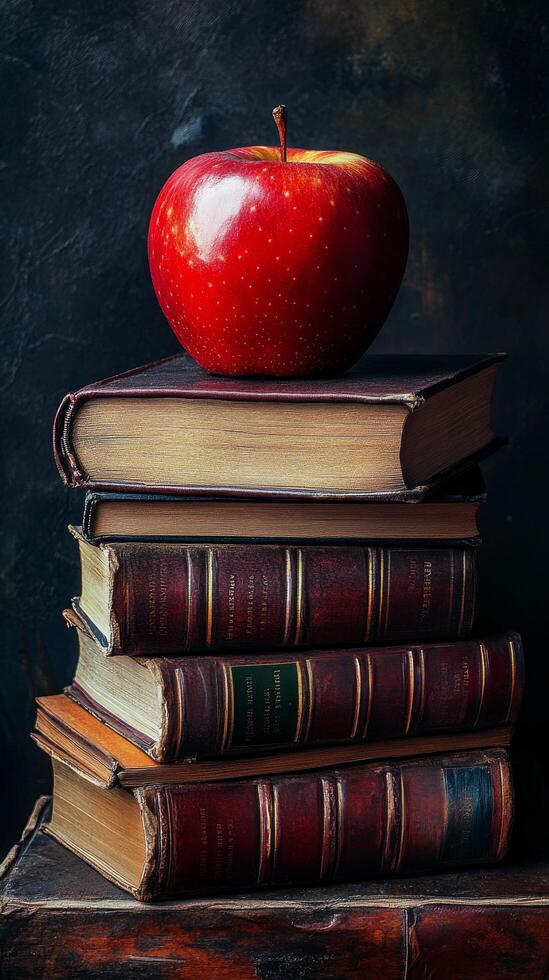 A stack of books and an apple on top of them photo