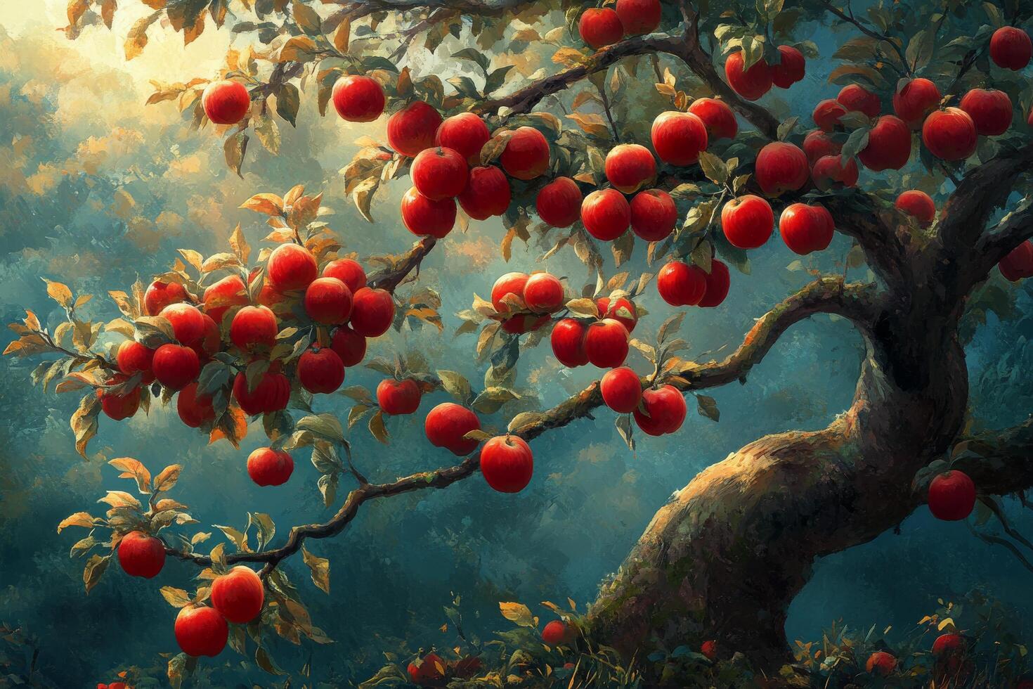 A painting of an apple tree with red apples on it photo