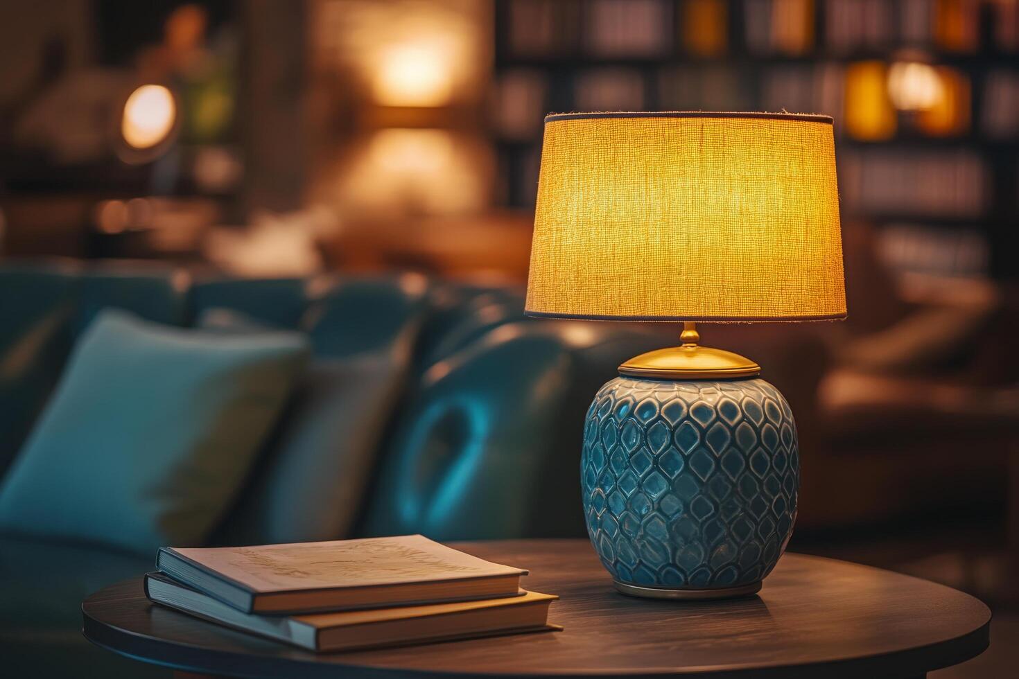 A lamp on a table in front of a couch photo