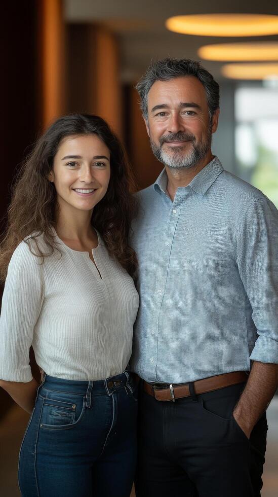A man and woman standing in an office hallway photo
