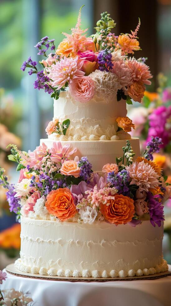 A wedding cake with colorful flowers on top photo