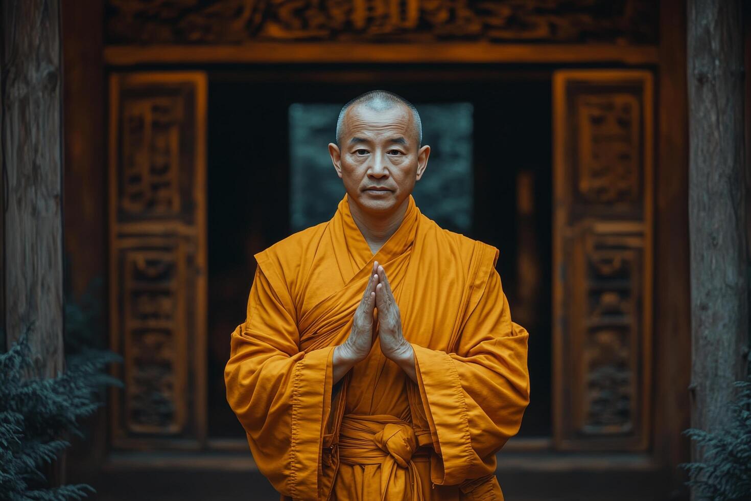 A monk in orange robes standing in front of a doorway photo