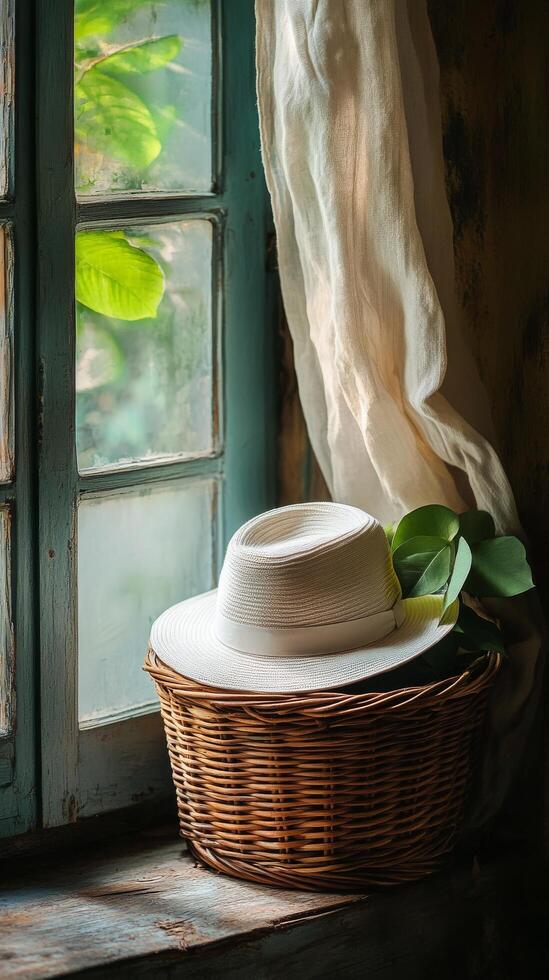White hat on window sill photo