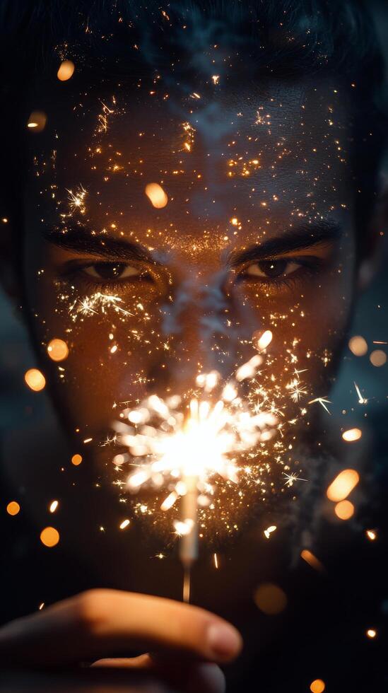 A man is holding a sparkler in his hand photo