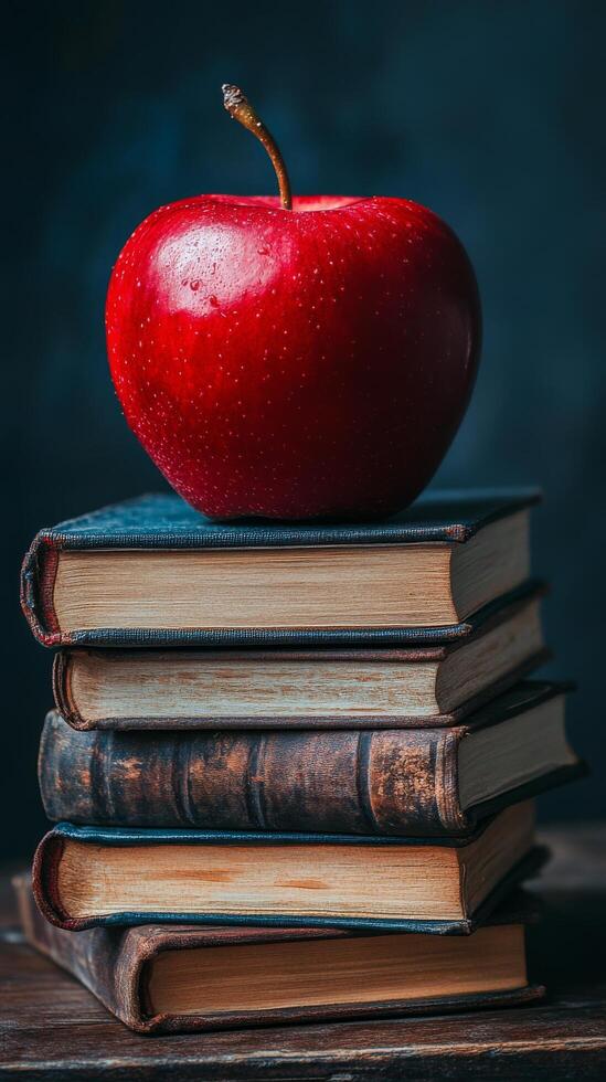 An apple sits on top of a stack of books photo
