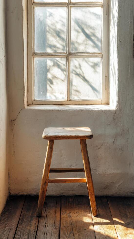 A wooden stool sitting in front of a window photo