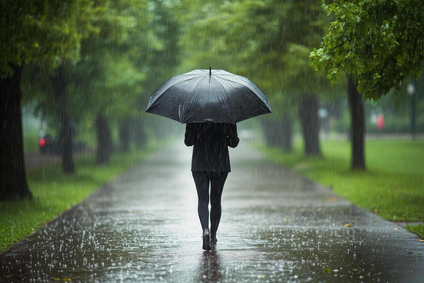 A person walking in the rain with an umbrella photo