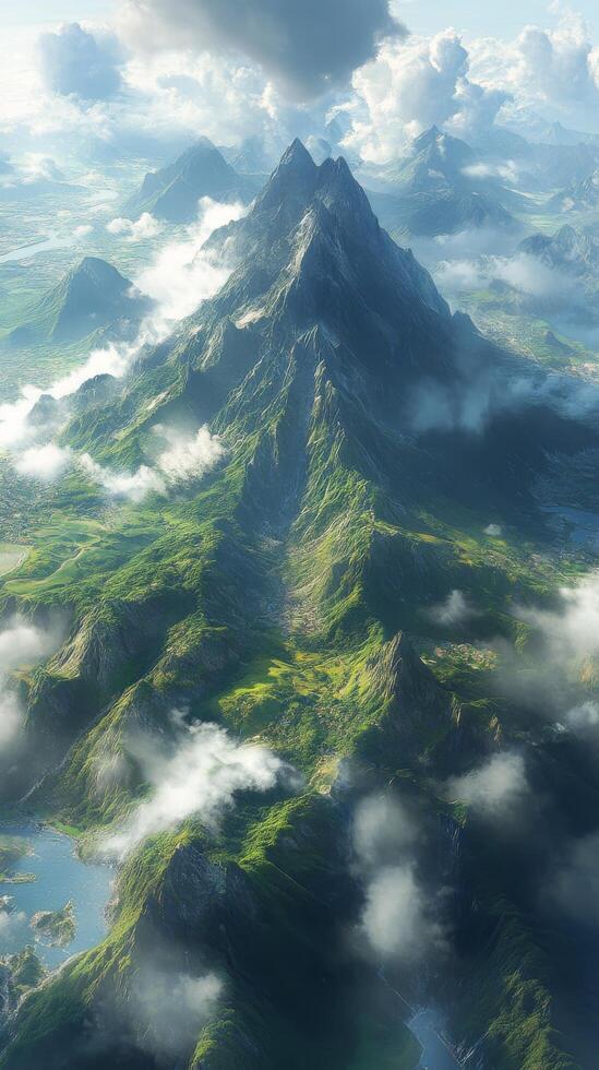 A beautiful mountain landscape with clouds and water photo