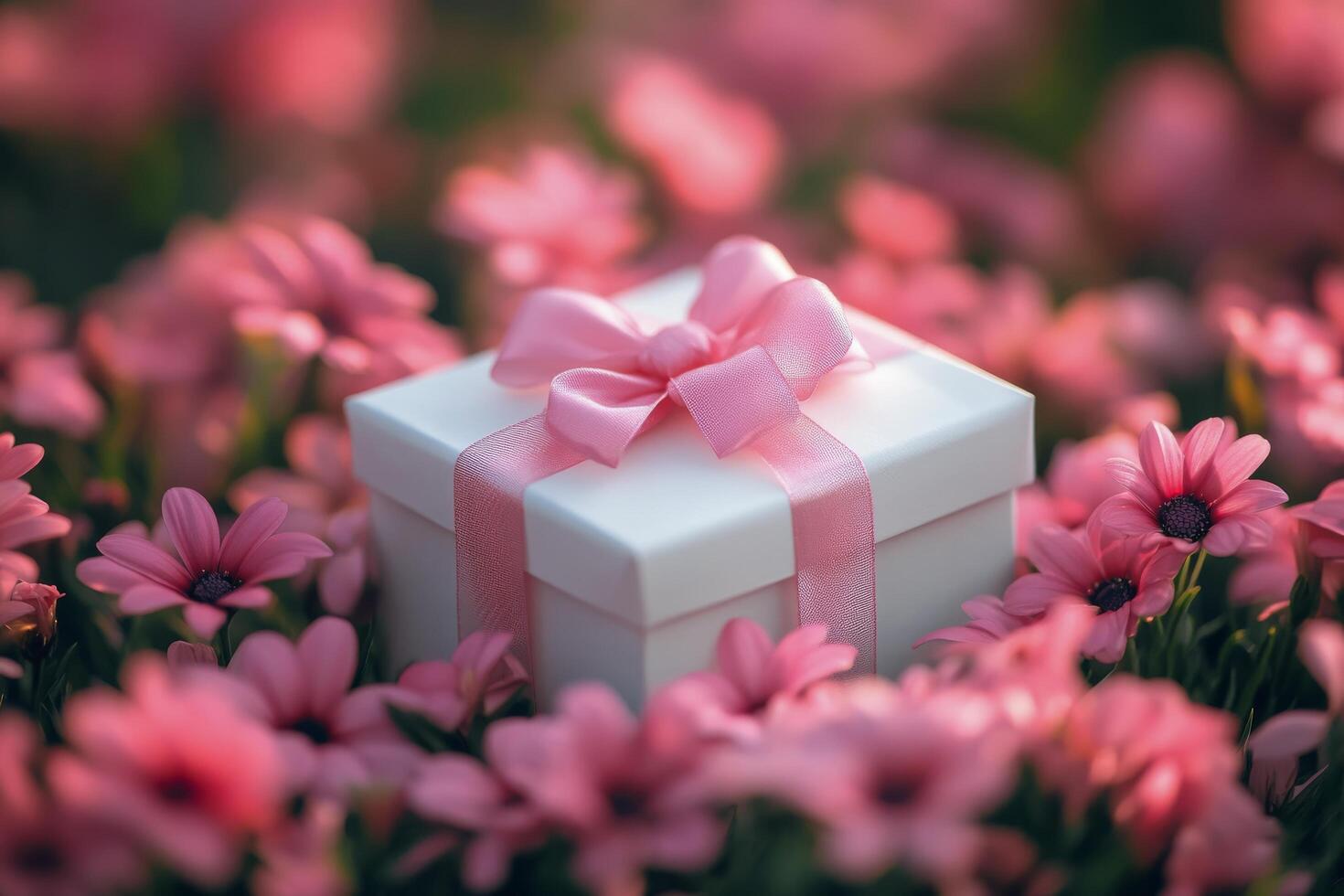 Gift box in pink flowers photo