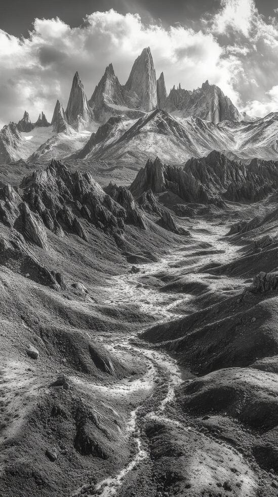 A black and white photo of a mountain range
