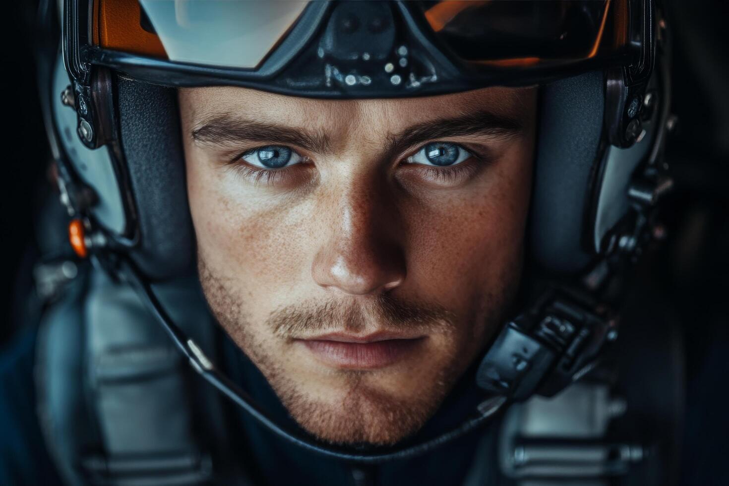A man in a pilot's helmet with blue eyes photo