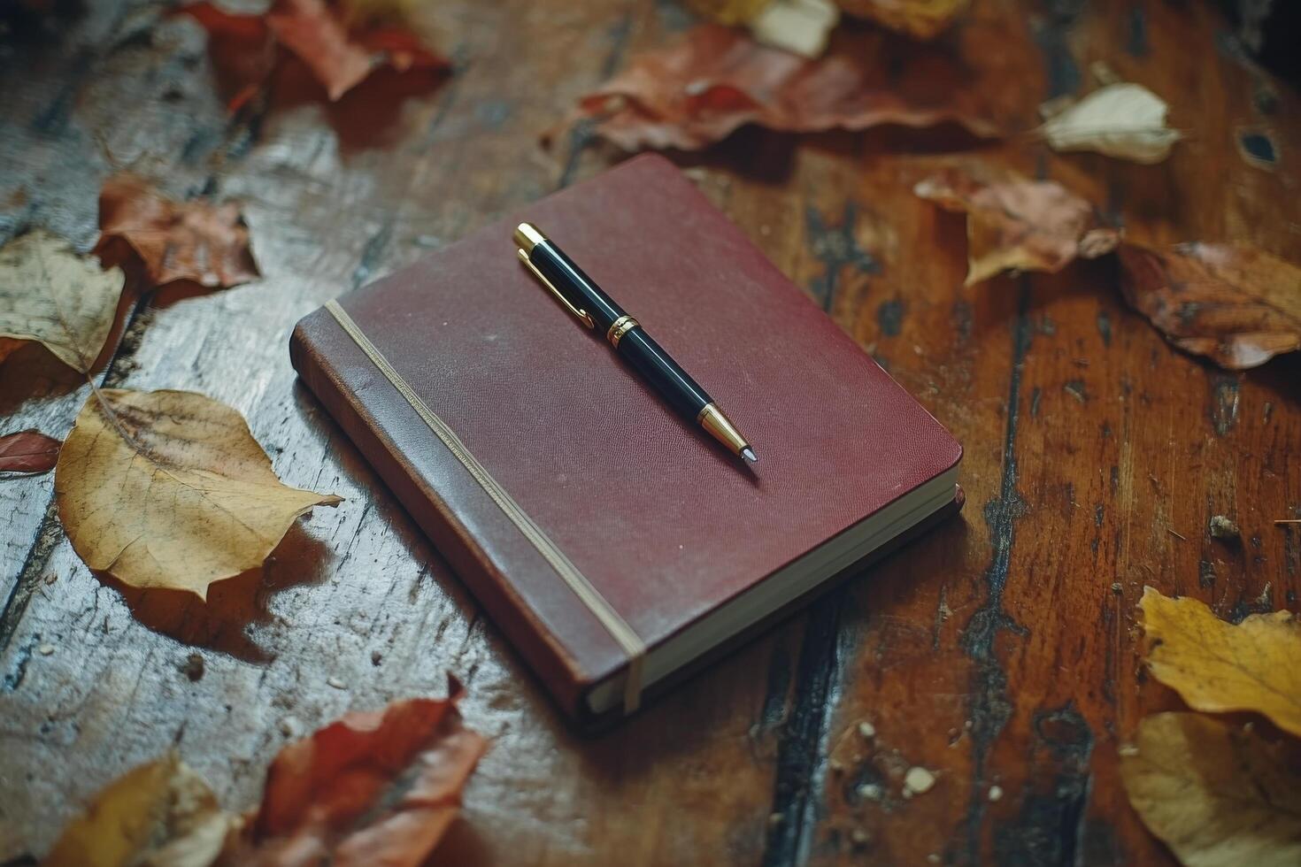 Autumn leaves and pen on wooden table photo