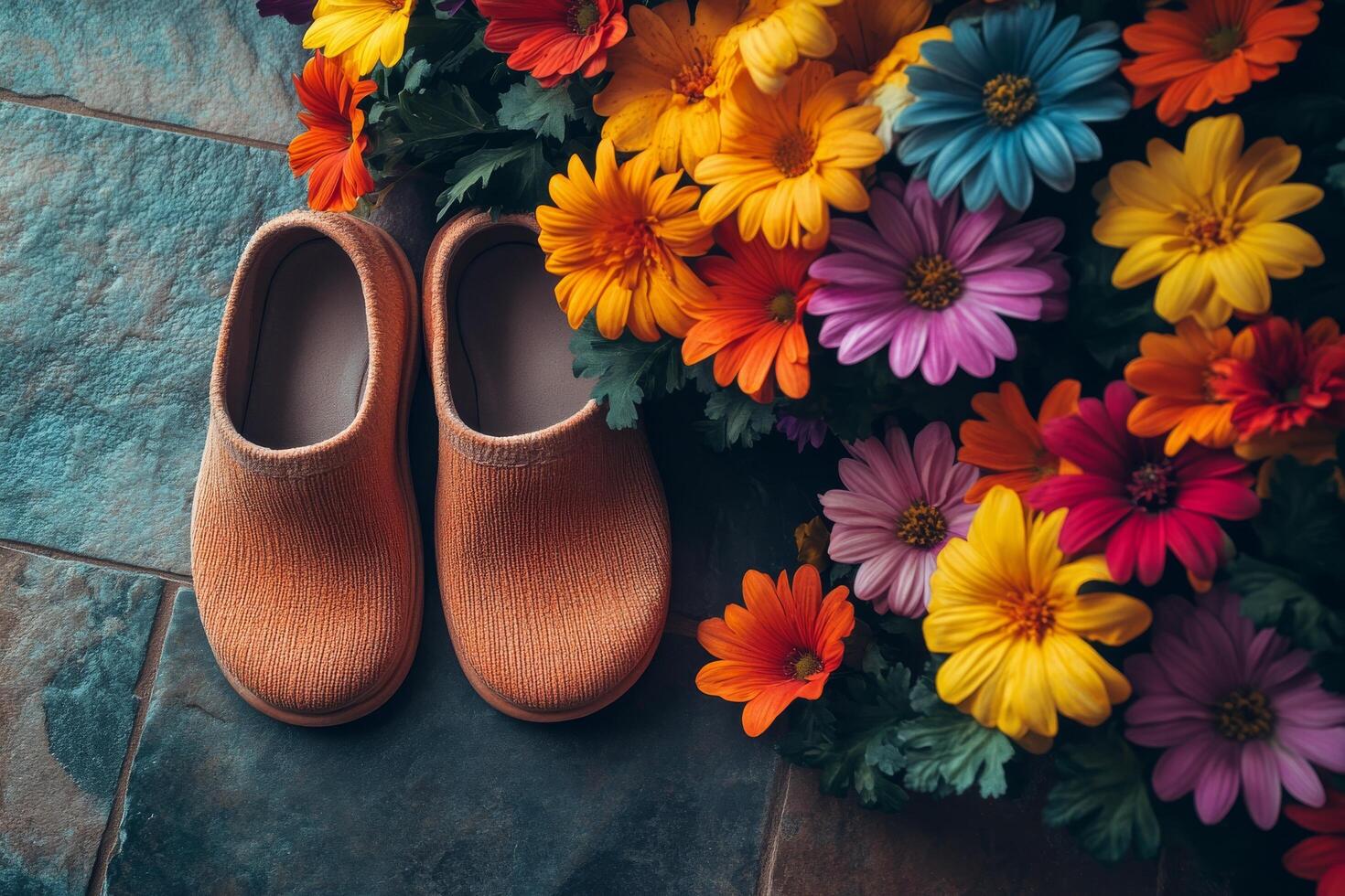 A pair of orange shoes with flowers on a stone floor photo