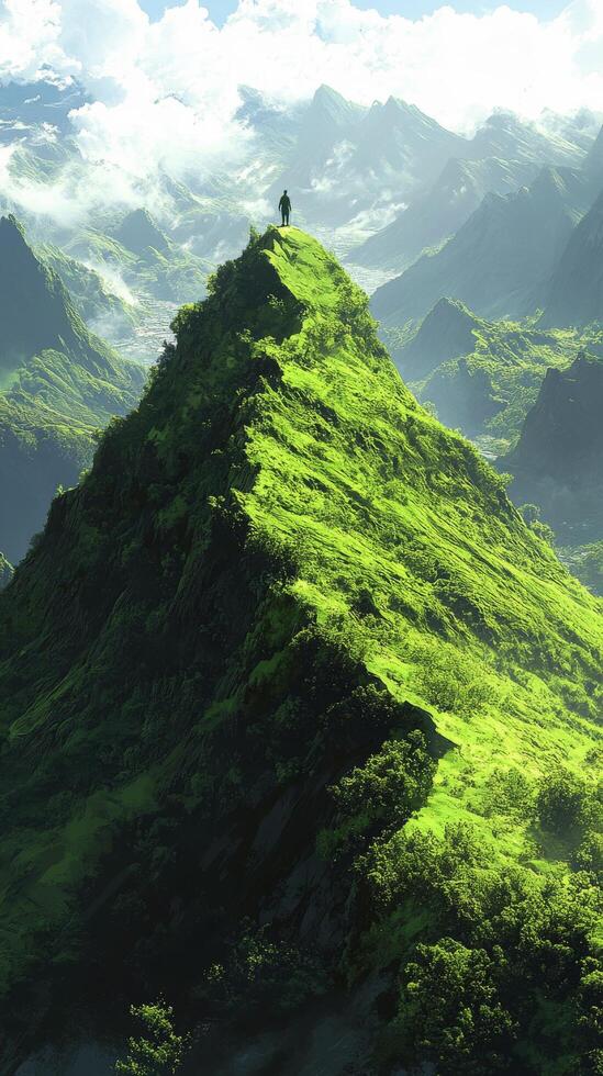 A lone person standing on top of a mountain photo