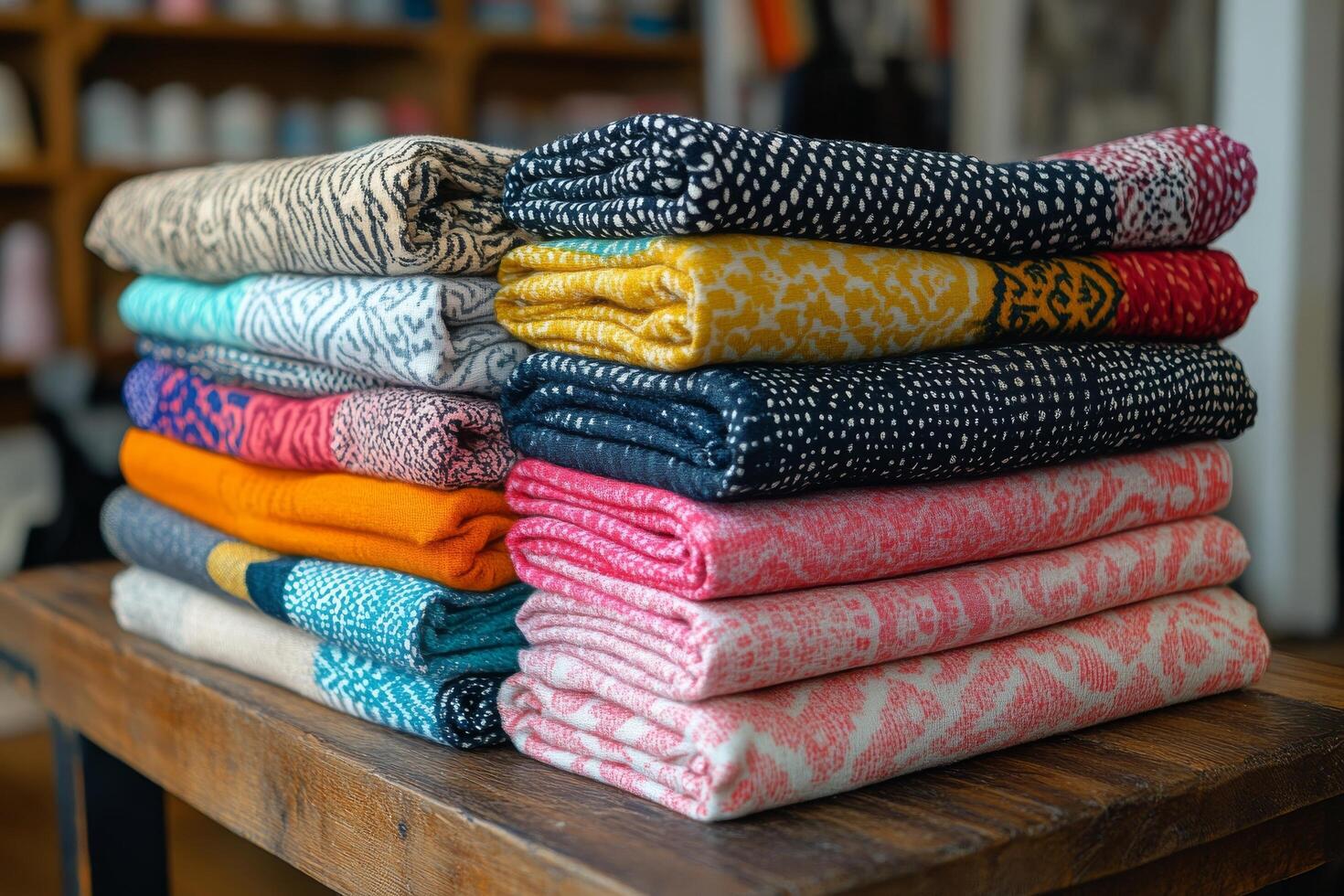A stack of colorful blankets on a wooden table photo