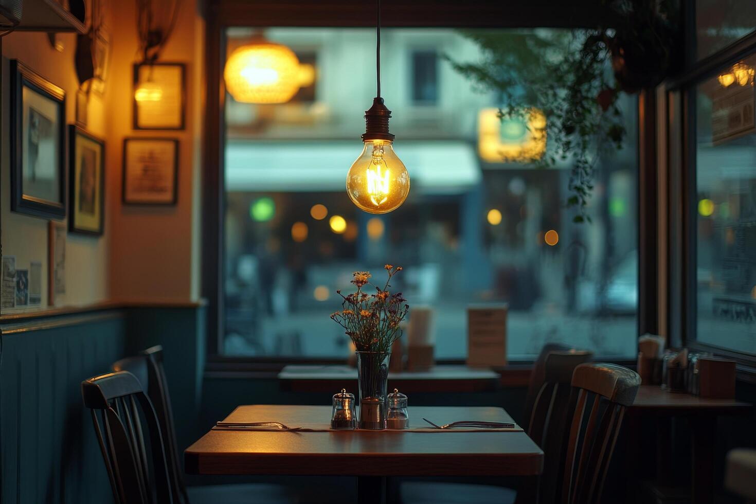 A restaurant with a table and chairs in front of a window photo