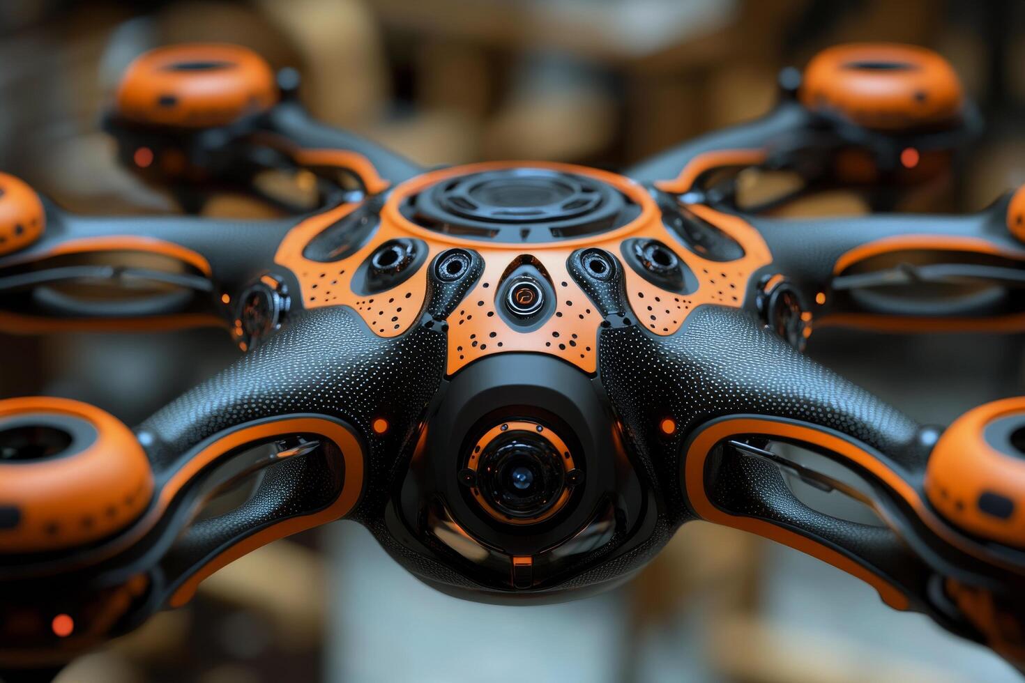 A close up of a drone with orange and black parts photo