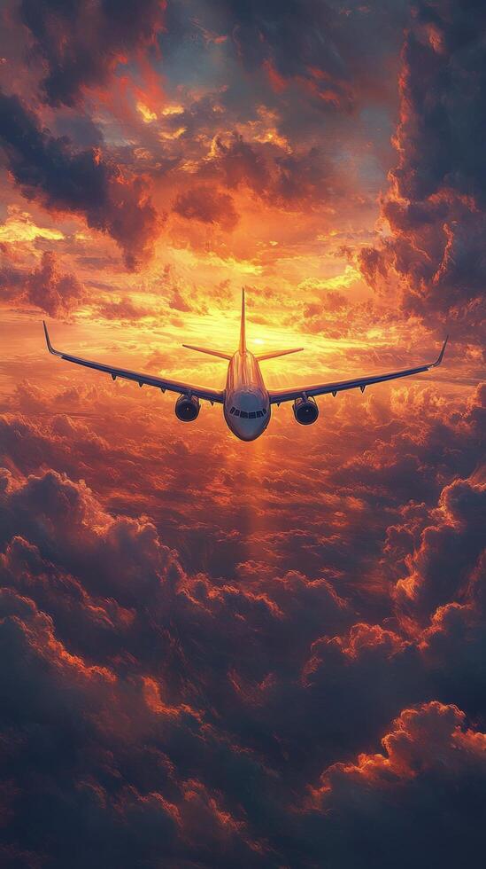 An airplane flying through the clouds at sunset photo