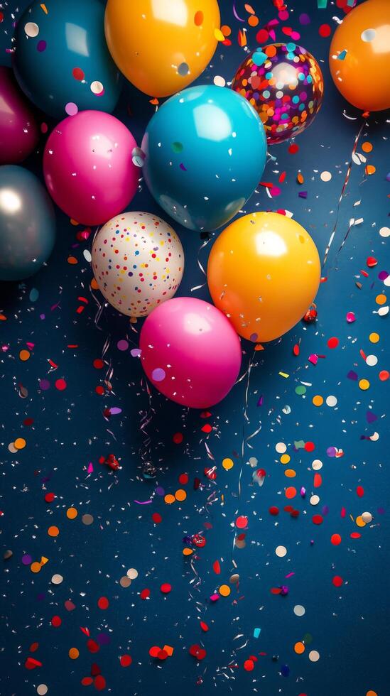 Colorful balloons and confetti on a blue background photo