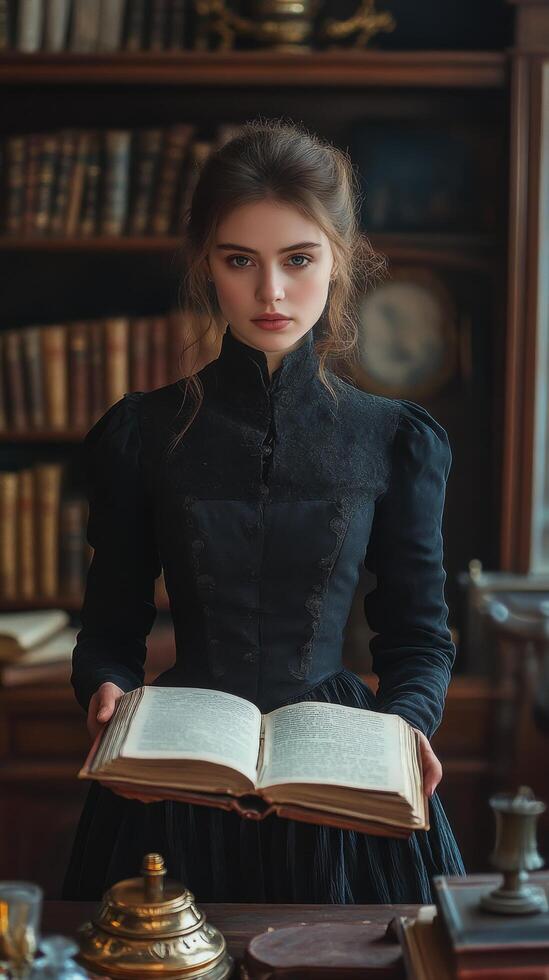 A woman in a black dress holding an open book photo