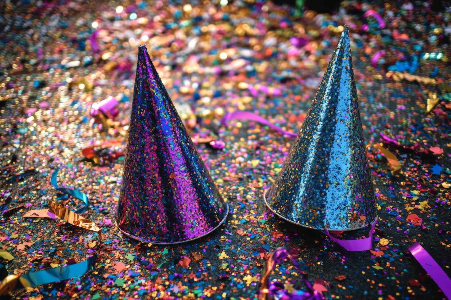Two party hats on a table with confetti photo