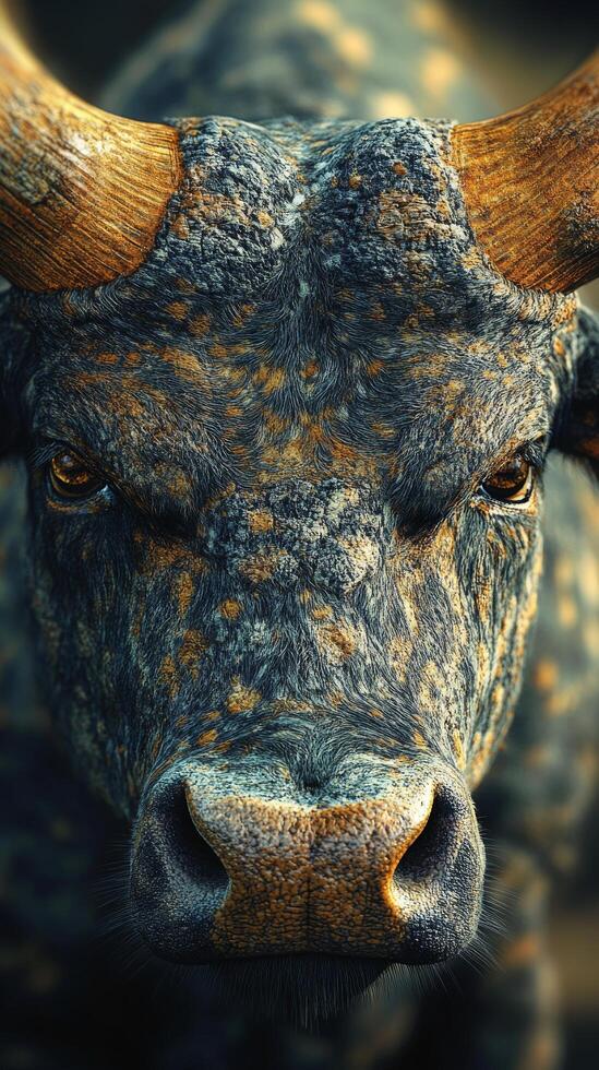A close up of a bull with horns photo